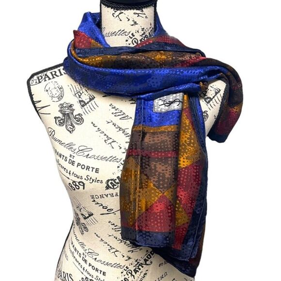 Vintage Yves Saint Laurent Oversized Silk Geometric Scarf Royal Blue Gold Yellow - Picture 1 of 3